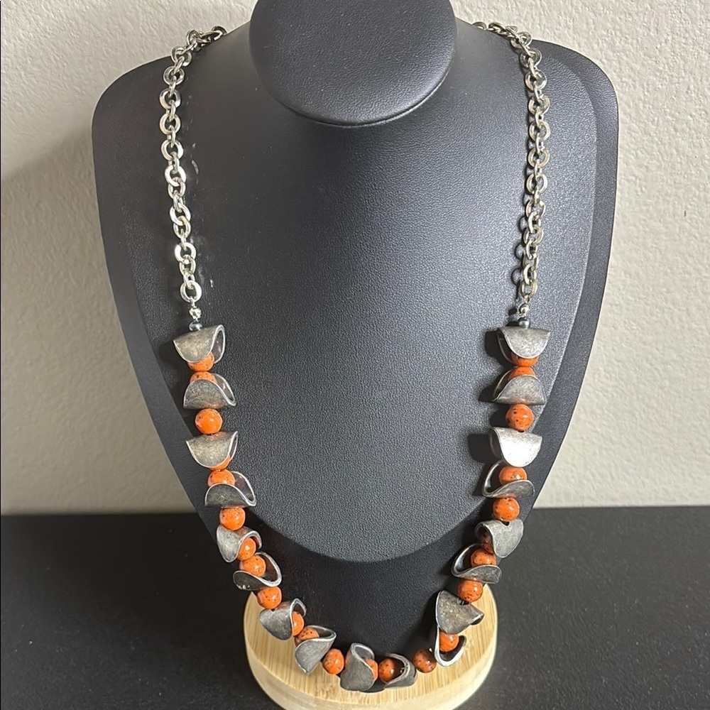 Vintage Brutalist Orange Beaded Silver Tone Chain Geometric Necklace​